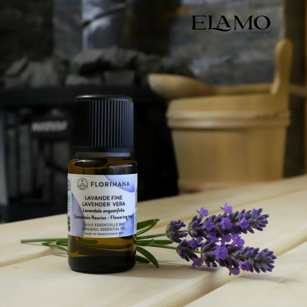 Olejek lawendowy BIO (Lavandula angustifolia) Florihana na ławie sauny – łagodny, bezpieczny zapach dla początkujących; do sauny fińskiej i łaźni parowej.