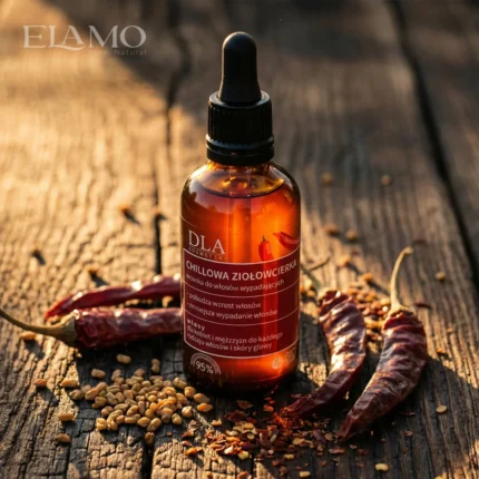 Chillowa ziołowcierka w otoczeniu suszonych papryczek chili i rozsypanych nasion kozieradki na starym, drewnianym tle o zachodzie słońca.