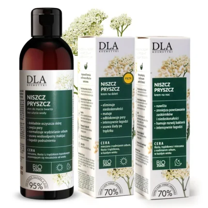 Niszcz Pryszcz – zestaw przeciwtrądzikowy DLA Kosmetyki: płyn do twarzy + krem na dzień i krem na noc (opakowania)