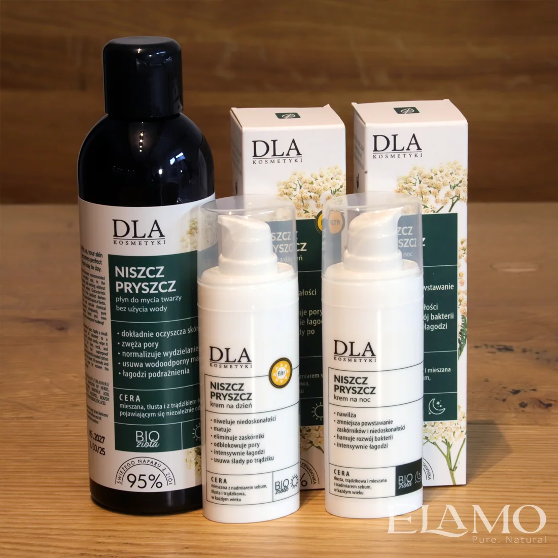 Zestaw Niszcz Pryszcz – płyn do twarzy 200 ml, krem na dzień i krem na noc DLA Kosmetyki, 3 kroki pielęgnacji przeciwtrądzikowej