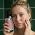 Płyn do kąpieli dla skóry atopowej – Ukoimy ATOPIKA, modelka w łazience prezentuje butelkę DLA Kosmetyki