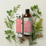 Ukoimy Atopika – flatlay zestawu DLA Kosmetyki: butelka płynu do kąpieli i kartonik kremu, ułożone na jasnym tle wśród ziół i roślin (kozieradka, nawłoć, owies, rokitnik) z kroplami rosy