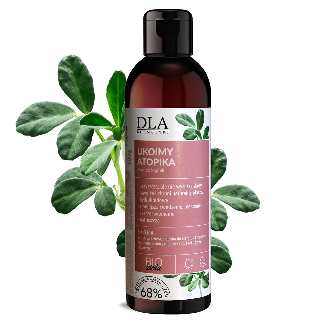 Ukoimy Atopika płyn do kąpieli dla skóry atopowej (Kosmetyki DLA) – 68% naparu z ziół Ukoimy Atopika płyn do kąpieli dla skóry atopowej – Kosmetyki DLA, packshot butelki z motywem ziół i oznaczeniem 68% naparu z ziół.