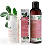 Ukoimy Atopika zestaw: krem w butelce airless + płyn do kąpieli DLA Kosmetyki, opakowania z motywem liści, packshot na białym tle