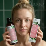 Ukoimy Atopika – modelka w łazience z zielonymi płytkami trzyma płyn do kąpieli i krem DLA Kosmetyki; widoczne etykiety z motywem liści oraz oznaczenie 68% naparu z ziół