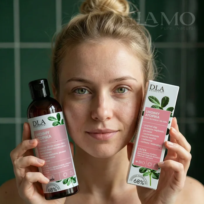 Ukoimy Atopika – modelka w łazience z zielonymi płytkami trzyma płyn do kąpieli i krem DLA Kosmetyki; widoczne etykiety z motywem liści oraz oznaczenie 68% naparu z ziół