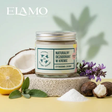 Naturalny dezodorant w kremie cytrusowo-ziołowy z cytryną i ziołami – wizualizacja składników roślinnych