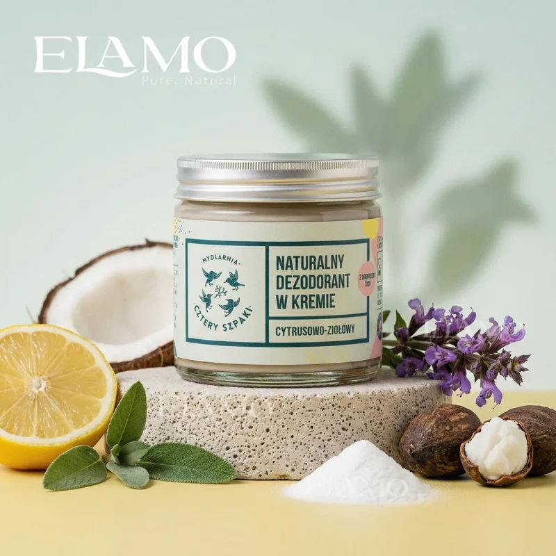 Naturalny dezodorant w kremie cytrusowo-ziołowy z cytryną i ziołami – wizualizacja składników roślinnych