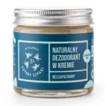 Dezodorant w kremie bezzapachowy z sodą - Szklany słoiczek naturalnego dezodorantu Cztery Szpaki na białym tle.