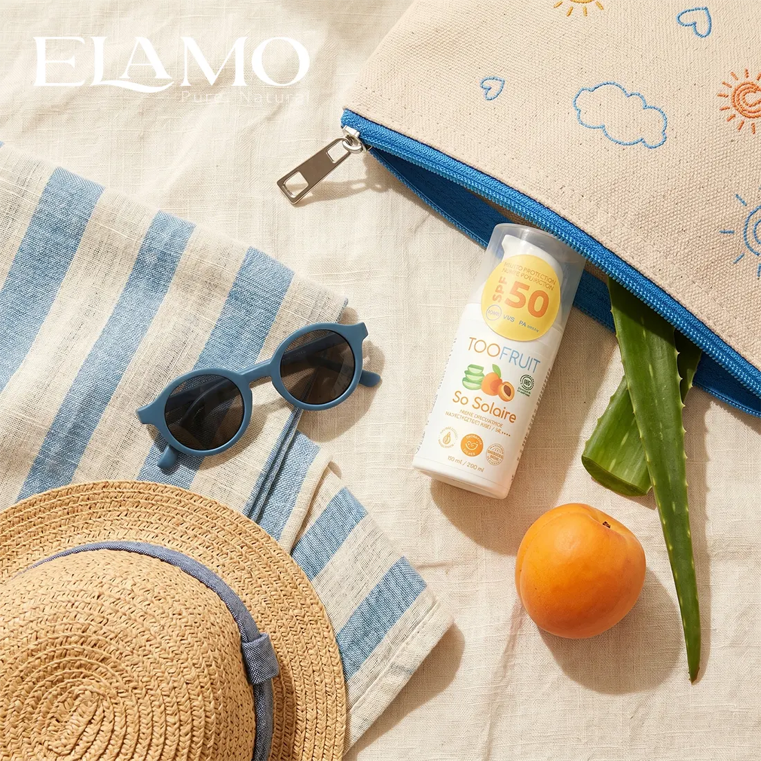 Mleczko SPF50 dla dzieci TOOFRUIT w torbie plażowej z kapeluszem i okularami