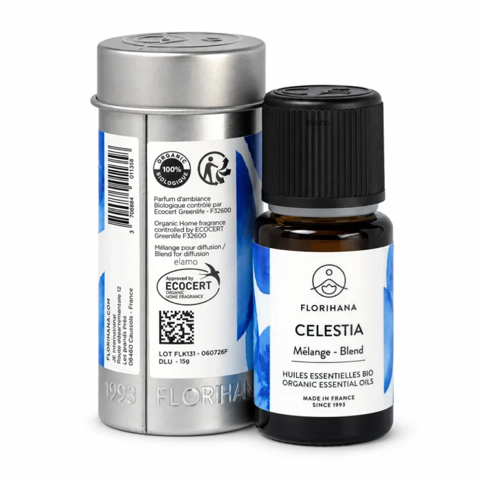 CELESTIA Florihana w bursztynowej buteleczce obok aluminiowej tuby