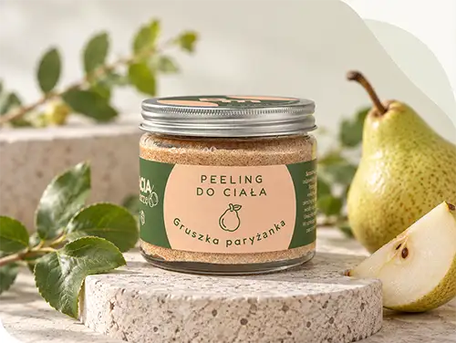 Peeling do ciała Bracia Mydlarze Gruszka Paryżanka w szklanym słoiku z gruszkami