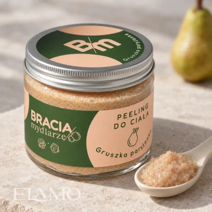 Bracia Mydlarze Gruszka paryżanka – cukrowy peeling do ciała z widoczną teksturą i porcją peelingu na ceramicznej łyżeczce