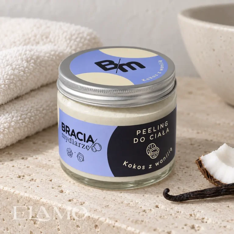 Peeling do ciała Kokos z wanilią Bracia Mydlarze w naturalnej aranżacji pielęgnacyjnej