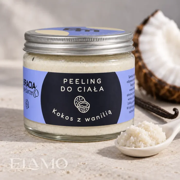 Peeling do ciała Kokos z wanilią Bracia Mydlarze i próbka jego drobnoziarnistej tekstury